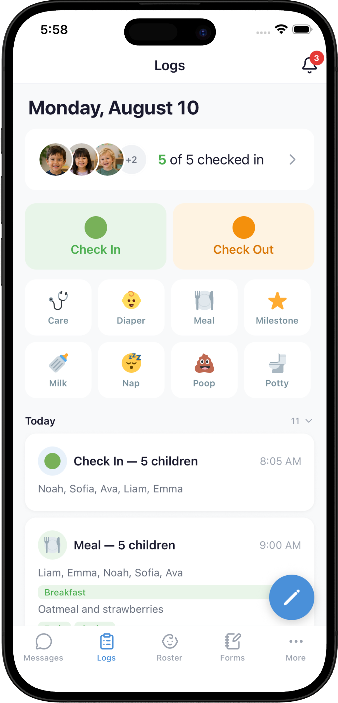 PlayDay provider app child log screen