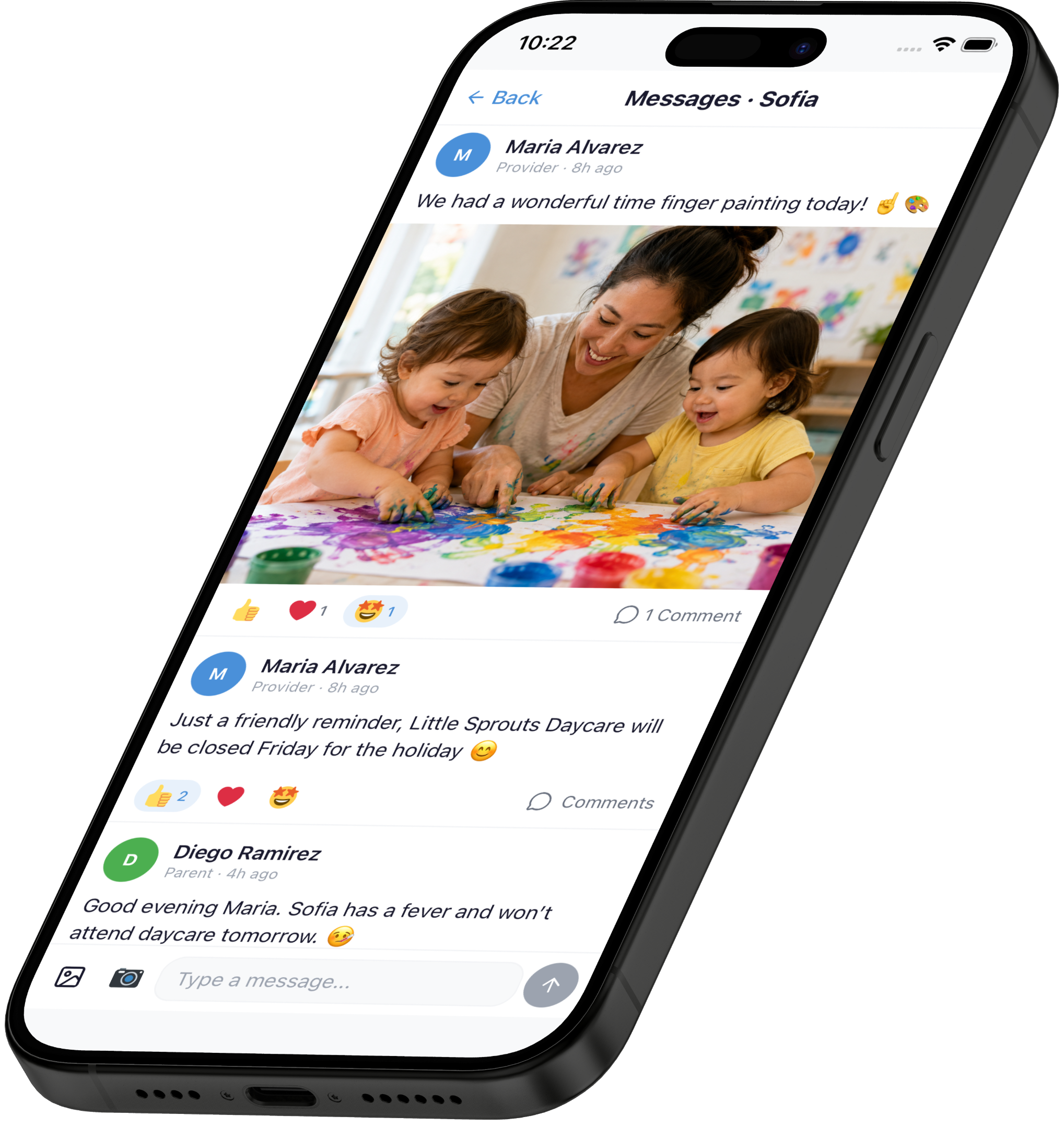 PlayDay parent app messages and live feed screenshot on a phone