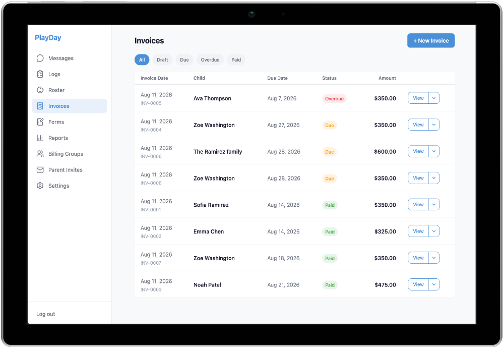 PlayDay web app invoices screen